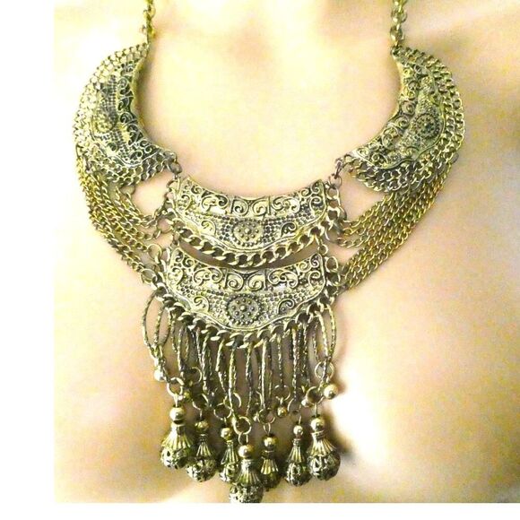 Gold Tone Chunky Bib Statement Necklace Dangle Beaded Filigree Chain MultiStrand - Picture 1 of 11